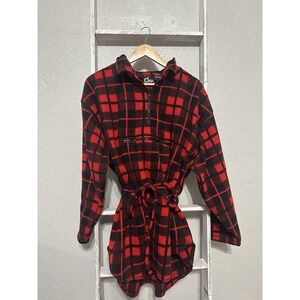 VTG XLg CHM DESIGN Sweater Red Black Plaid Pullover Fleece Cinch Waist Half Zip